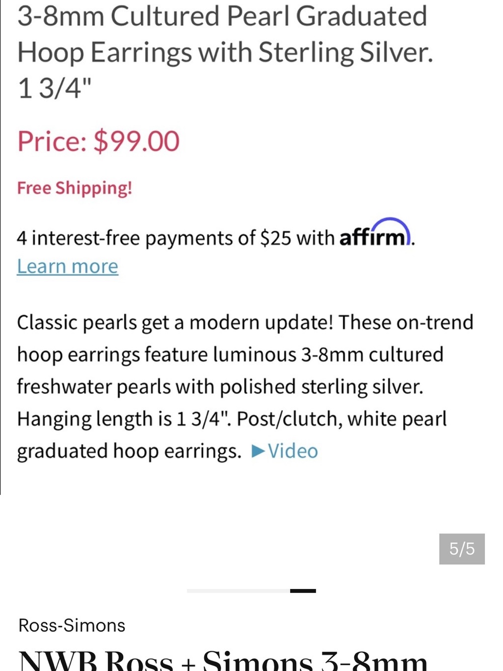 Ross Simon’s 1. 3/4” hoop pearl earrings - Picture 4 of 4